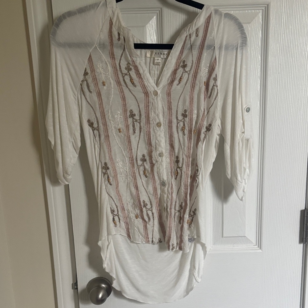 EUC Kenar White and Brown Embroidered Blouse
